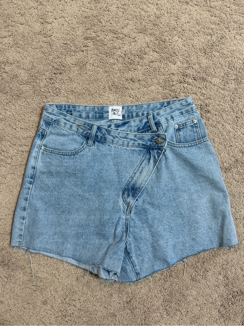 Princess Polly Light Wash Wrap-Front Denim Shorts